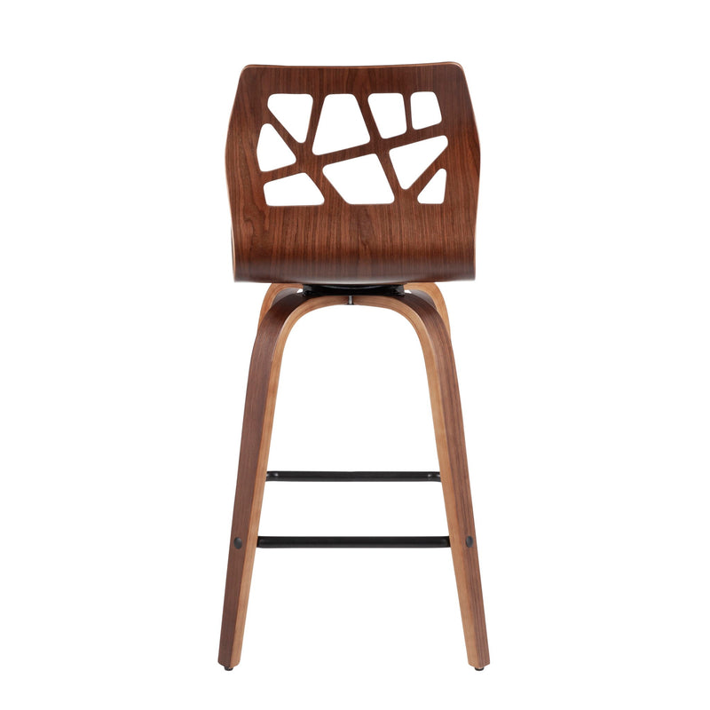 Set of two Lumi Source Folia mid-century modern counter stools with wooden seats and black metal legs, shown from a side angle.