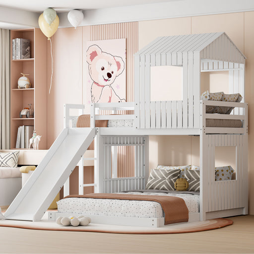 DreamHaus loft bunk bed with playhouse, ladder, slide, and guardrails, featuring a farmhouse design and fun play area.