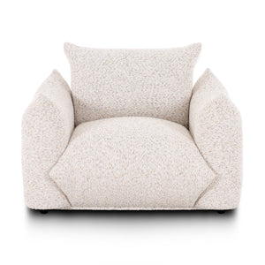 TOV Furniture Saint Tropez Nubby Fabric Armchair in sand color with plush cushioned armrests and modern design.