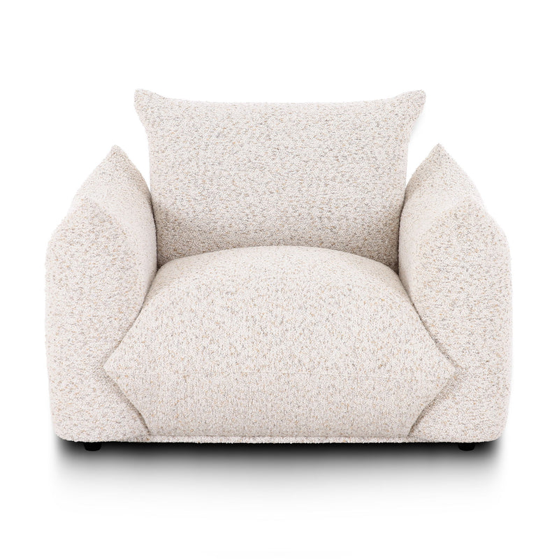 TOV Furniture Saint Tropez Nubby Fabric Armchair in sand color with plush cushioned armrests and modern design.