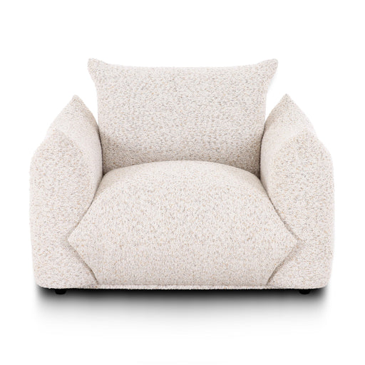 TOV Furniture Saint Tropez Nubby Fabric Armchair in sand color with plush cushioned armrests and modern design.
