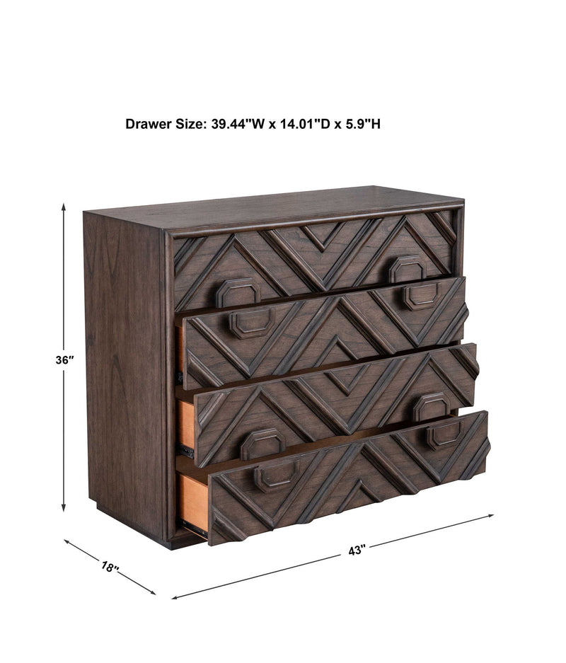 Dark brown Uttermost Mindra drawer chest featuring multiple drawers and sleek accent furniture design.
