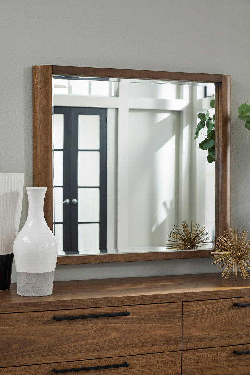 Modus Totes beveled glass wall or dresser mirror in English walnut with elegant frame and clear reflective surface.