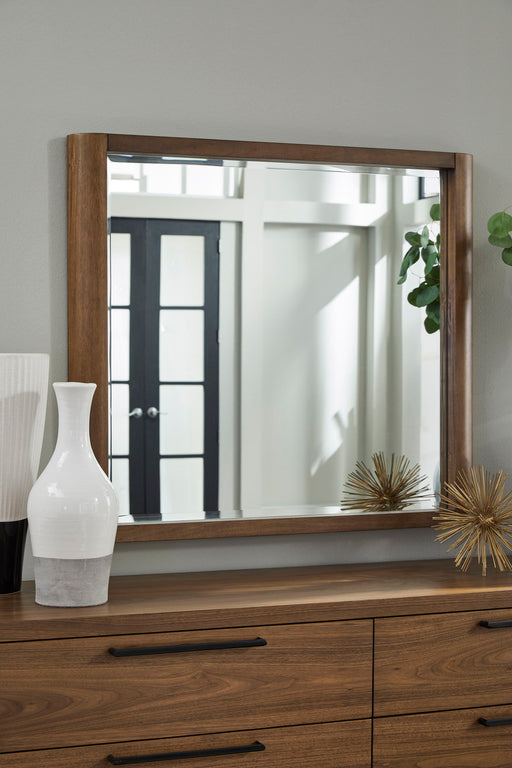 Modus Totes beveled glass wall or dresser mirror in English walnut with elegant frame and clear reflective surface.