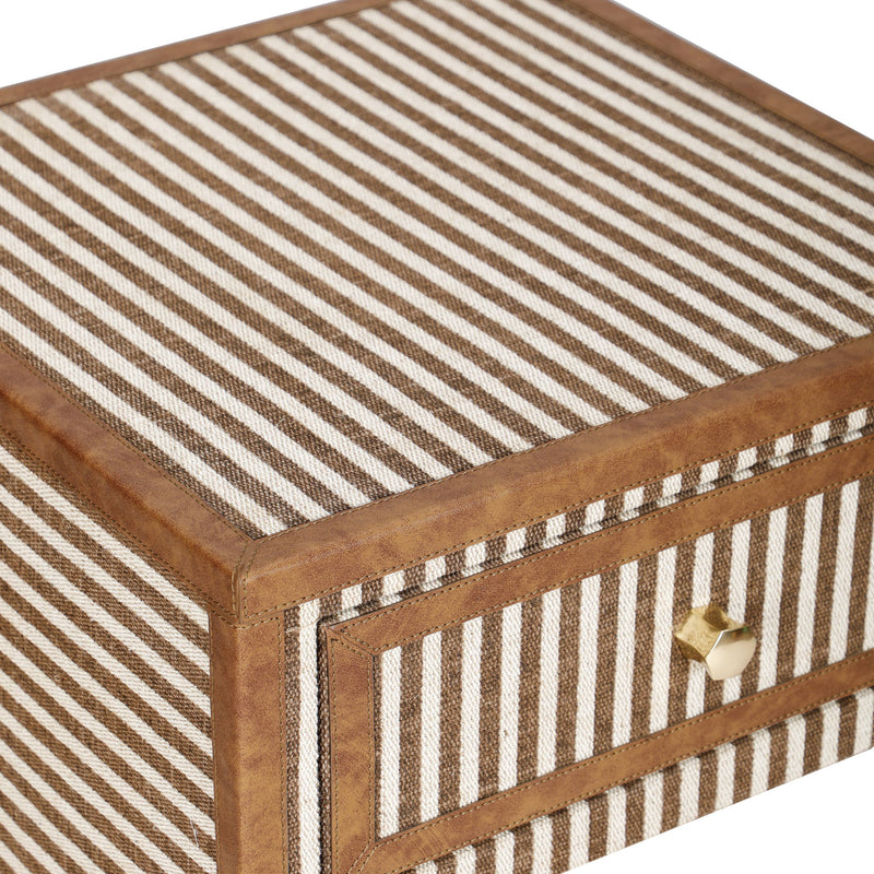 TOV Furniture Kora cotton jute accent nightstand with a minimalist design, featuring a natural woven texture and wooden legs.