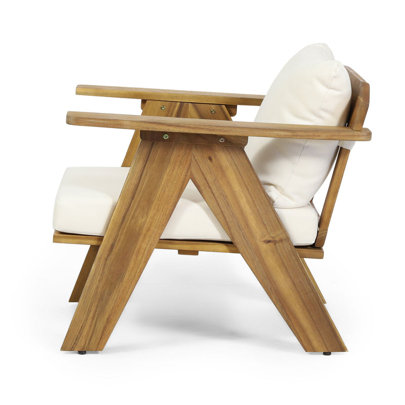 Set of two Noble House outdoor acacia wood club chairs with beige cushions, perfect for patio seating and relaxation.