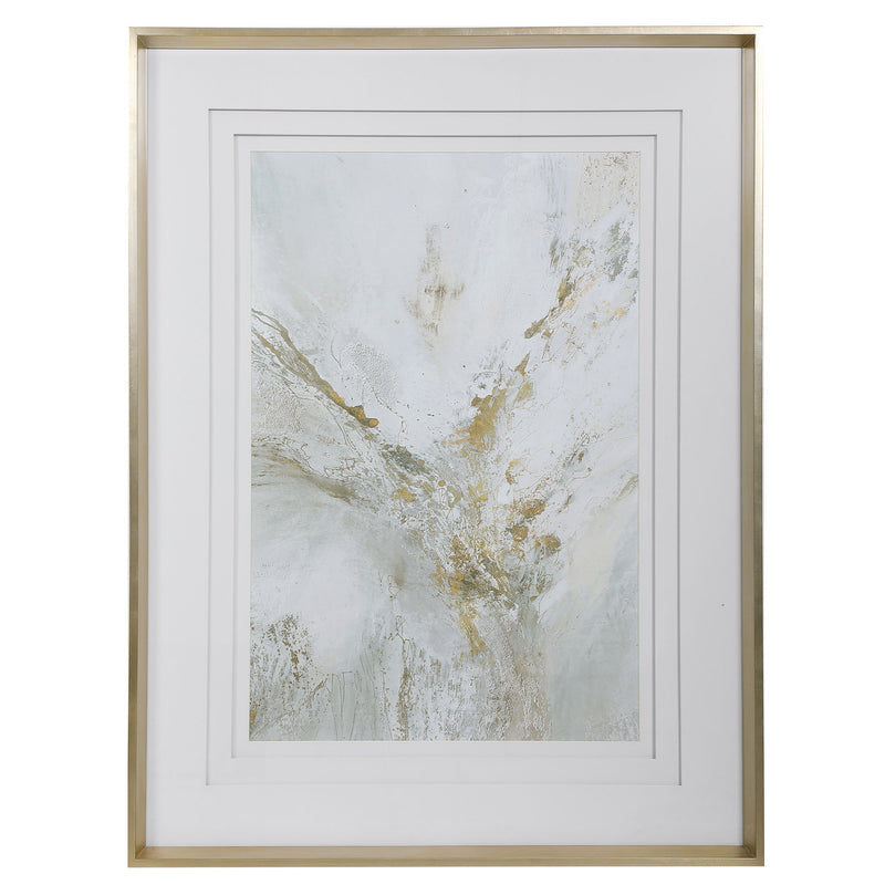 Uttermost Ethos framed abstract print with gold frame, modern wall art featuring vibrant, flowing shapes on a neutral background.