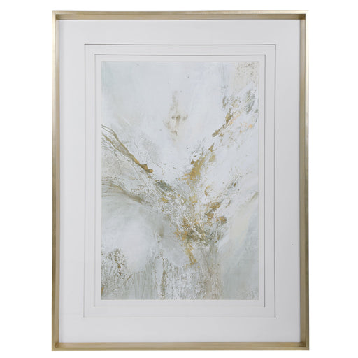 Uttermost Ethos framed abstract print with gold frame, modern wall art featuring vibrant, flowing shapes on a neutral background.