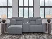 Signature Design by Ashley Modmax II reclining sectional in salt and pepper fabric, showing the plush, comfortable seating arrangement.