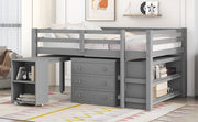 DreamHaus loft low study bed with cabinet, shelves, and rolling desk, showcasing a multifunctional bedroom furniture setup.