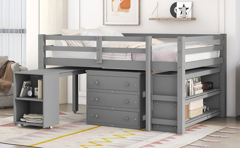 DreamHaus loft low study bed with cabinet, shelves, and rolling desk, showcasing a multifunctional bedroom furniture setup.