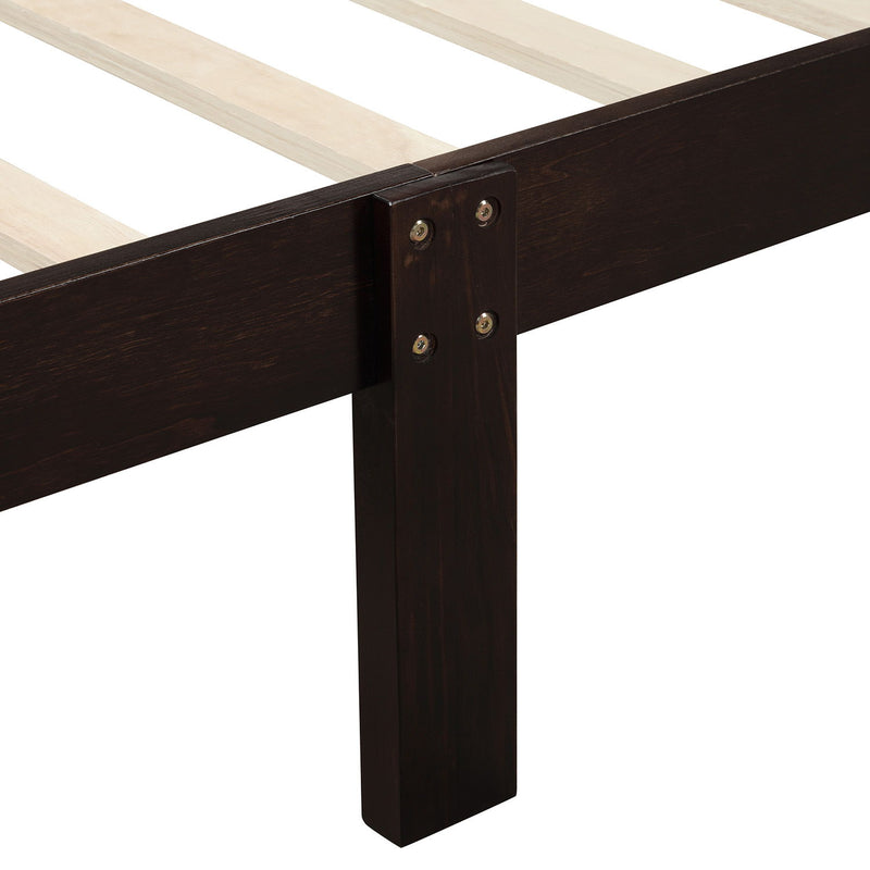 DreamHaus platform bed frame with sleigh design, wood slat support, and matching headboard and footboard in a modern bedroom setting.