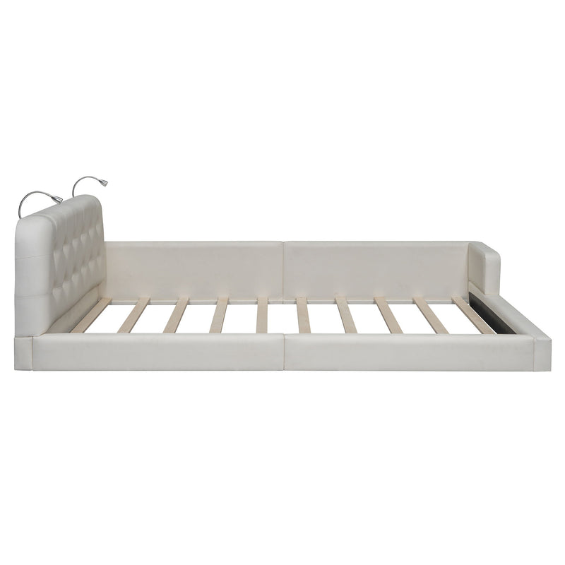 Queen Size Upholstered Platform Bed With 2 Reading Lights - White - R&R Furniture Gallery (Fountain Valley, CA)