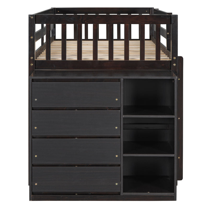 DreamHaus bunk bed with four drawers and three shelves, featuring sturdy wooden construction and a modern design.
