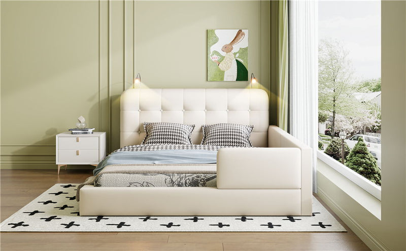 Queen Size Upholstered Platform Bed With 2 Reading Lights - White - R&R Furniture Gallery (Fountain Valley, CA)