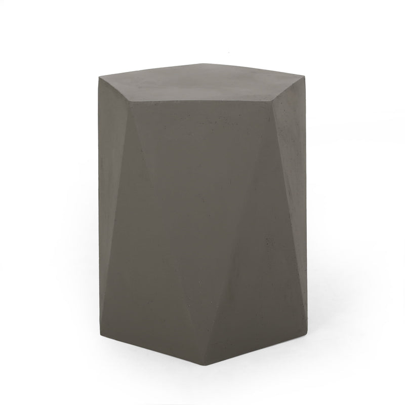 Noble House side table with geometric design, featuring a modern black metal frame and a round wooden top.