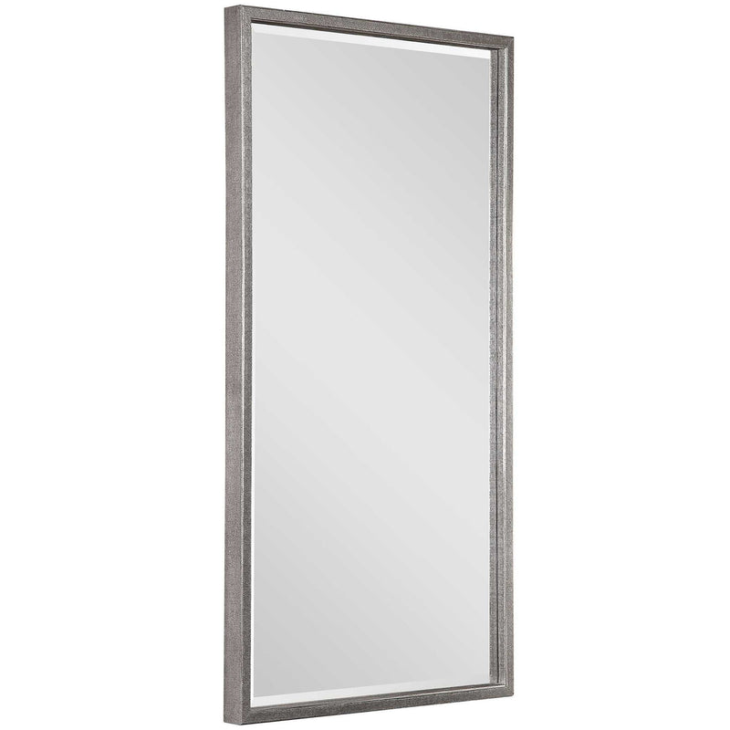 Uttermost Gabelle metallic silver wall mirror with a round, reflective surface and decorative metallic frame.