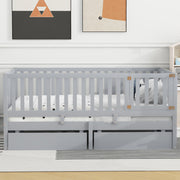 DreamHaus storage daybed with fence guardrails and two drawers, convertible into independent floor bed and daybed.