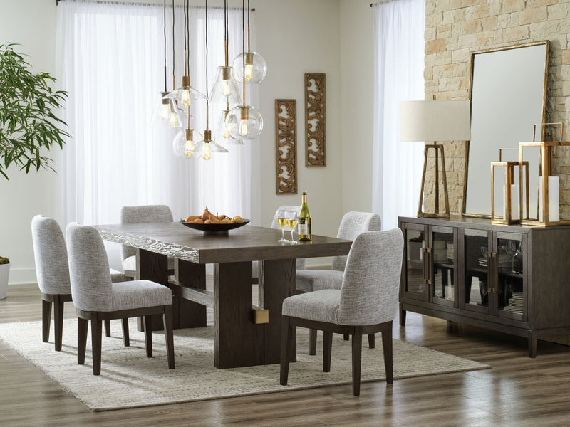 Signature Design by Ashley 8-piece dining room set with a wooden table and matching chairs in a modern dining space.