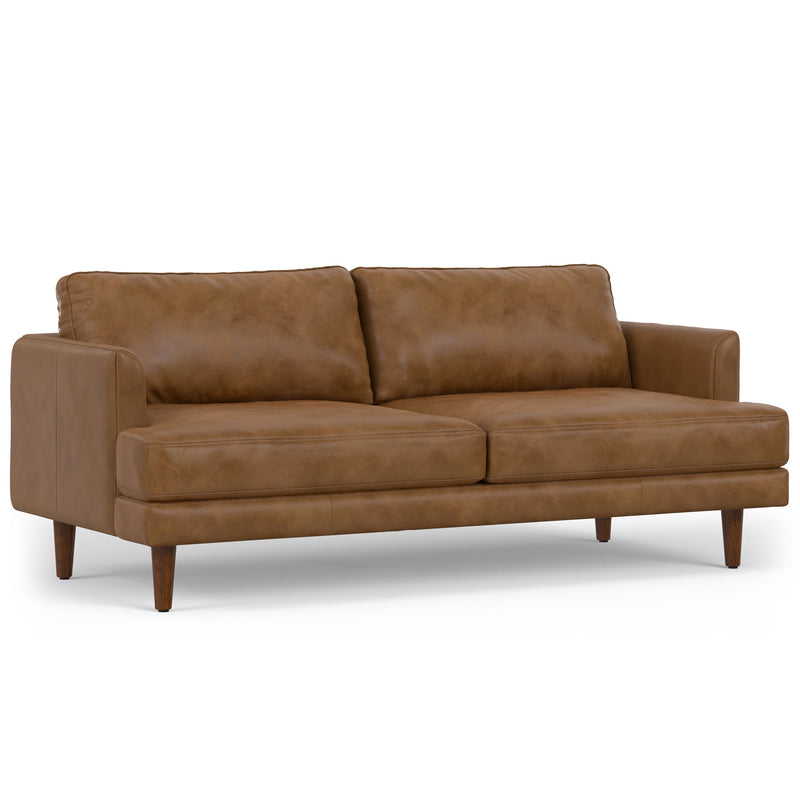 Livingston upholstered sofa by Simpli-Home, stationary sofa with plush cushions and fabric upholstery in a modern living room setting.