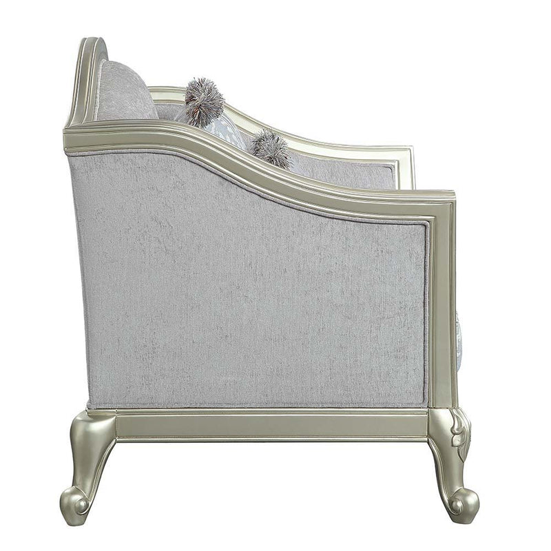 Qunsia - Loveseat With 4 Pillows - Light Gray Linen & Champagne - R&R Furniture Gallery (Fountain Valley, CA)