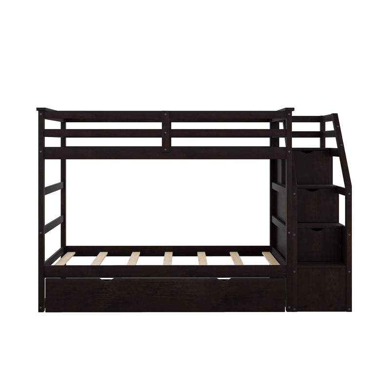 Twin Over Twin Bunk Bed With Twin Size Trundle And 3 Storage Stairs - Espresso - R&R Furniture Gallery (Fountain Valley, CA)