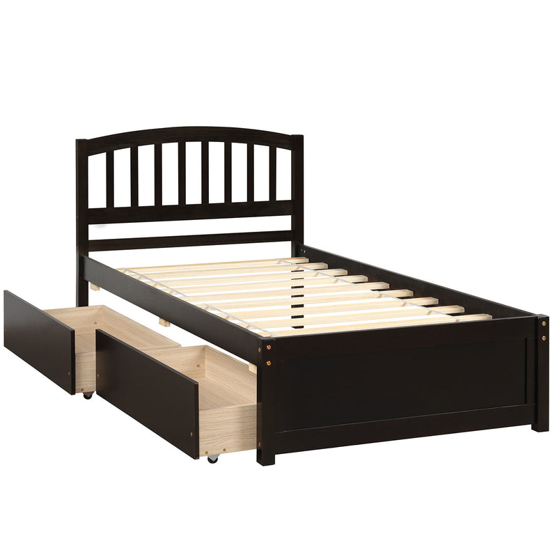 DreamHaus platform storage bed with wood frame, two drawers, and headboard, showcasing a modern, functional design.