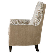 Uttermost Kiango animal pattern armchair with light brown upholstery and wooden legs, showcasing a stylish and comfortable design.