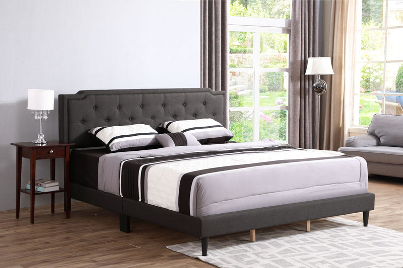 Button tufted upholstered bed by Glory Furniture with plush fabric and cozy design, perfect for stylish bedroom spaces.