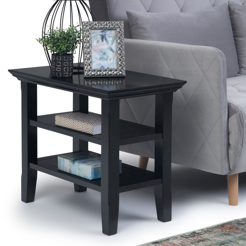Handcrafted Acadian narrow side table by Simpli-Home with a wooden finish and simple design, perfect for living room or bedroom use.