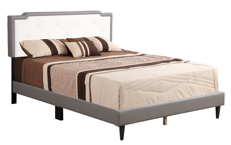 Two-tone upholstered bed from Glory Furniture in a stylish all-in-one box design, showcasing plush headboard and sleek frame.