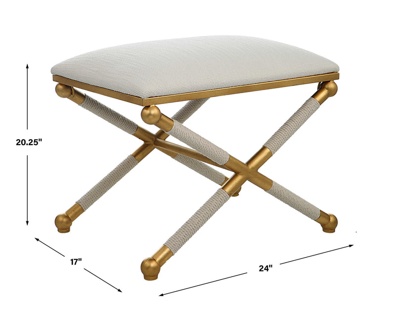 Uttermost Socialite small beige accent bench with wooden legs, stylish and compact for entryways or seating areas.