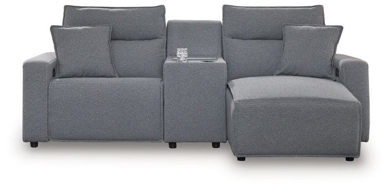 Signature Design by Ashley Modmax II reclining sectional in salt and pepper fabric, showing plush cushions and reclining features.
