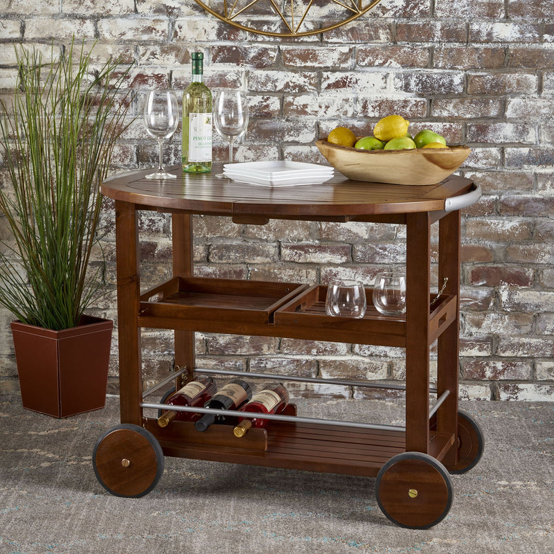 Wood And Aluminum Bar Cart With 2 Shelves - Oak / Silver - R&R Furniture Gallery (Fountain Valley, CA)