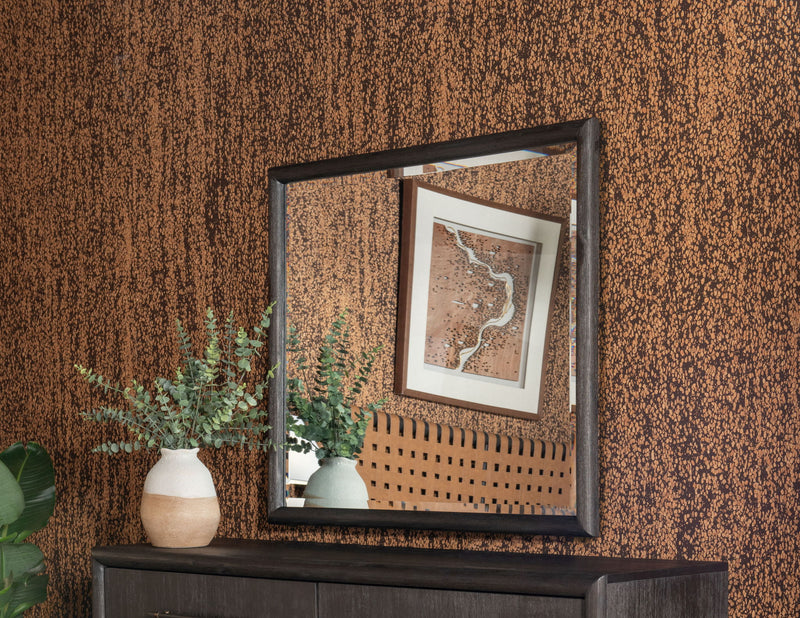Modus Dorsey solid wood and glass mirror in basalt grey, standalone design with sleek frame and reflective surface.