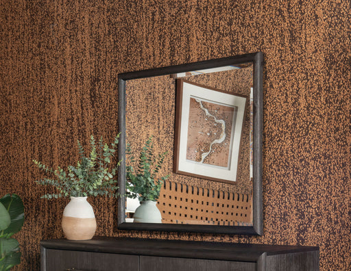 Modus Dorsey solid wood and glass mirror in basalt grey, standalone design with sleek frame and reflective surface.