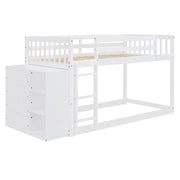 DreamHaus bunk bed with built-in four drawers and three shelves, showcasing a sturdy design with a space-saving layout.