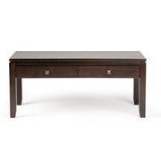 Simpli-Home Cosmopolitan multipurpose coffee table with a modern wooden design and sturdy metal legs.
