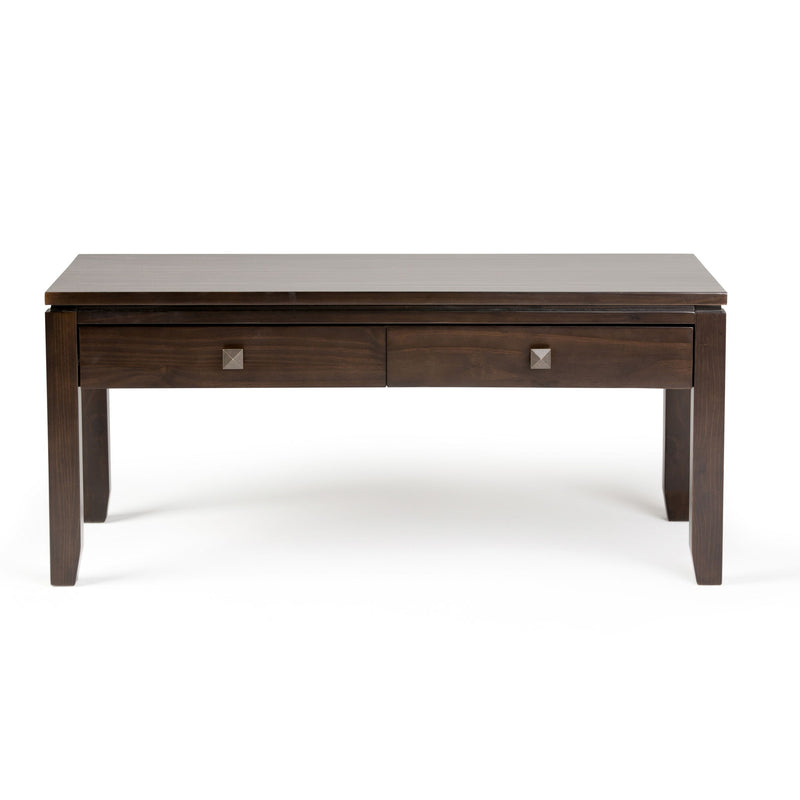 Simpli-Home Cosmopolitan multipurpose coffee table with a modern wooden design and sturdy metal legs.