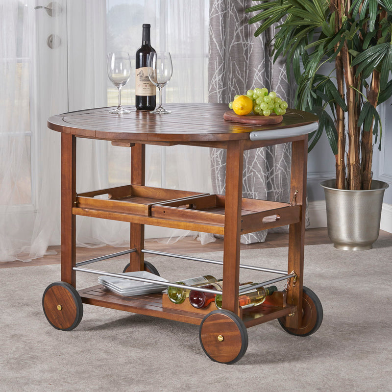 Wood And Aluminum Bar Cart With 2 Shelves - Oak / Silver - R&R Furniture Gallery (Fountain Valley, CA)
