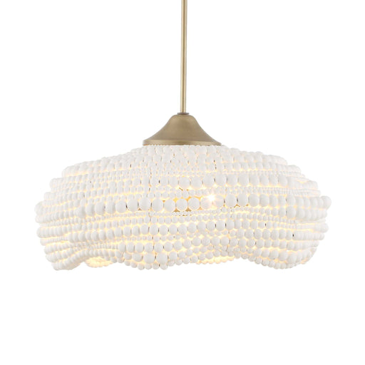 White beaded pendant light by Uttermost with five hanging lights and intricate bead design for modern pendant lighting.