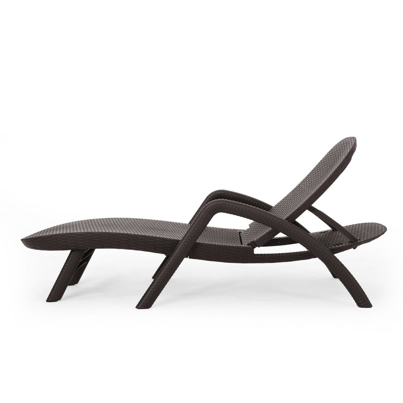 Dark brown polypropylene resin chaise lounge with handcrafted details by Noble House, showcasing a stylish outdoor seating design.