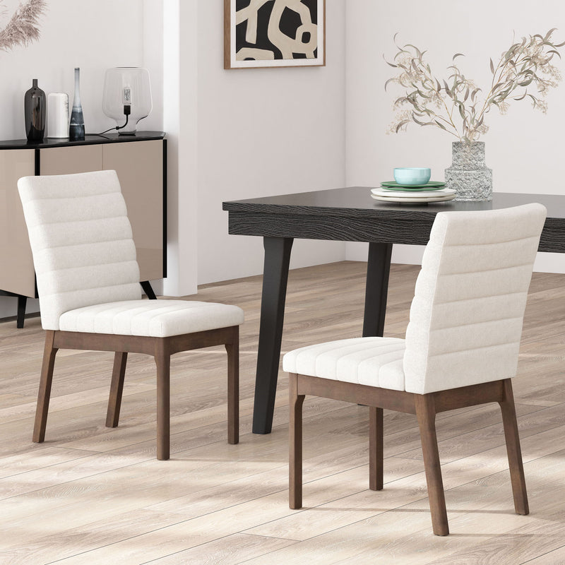Set of two Noble House upholstered dining chairs with black fabric and rubber legs, stylish and comfortable for modern dining rooms.