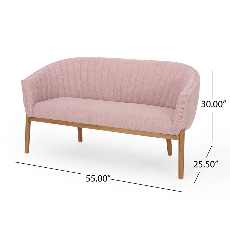 Noble House mid-century modern loveseat with channel-stitched backrest, stationary design and sleek wooden legs.