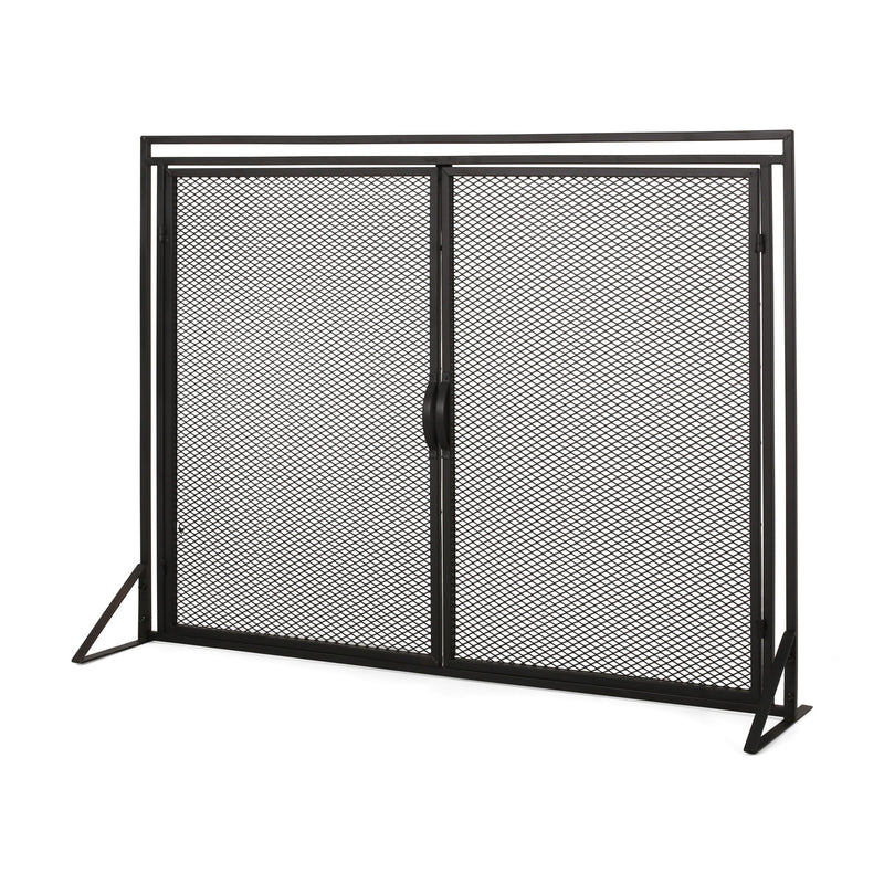 Noble House Samantha iron fireplace screen with two-door design, decorative metal frame and mesh panels for fireplace protection.
