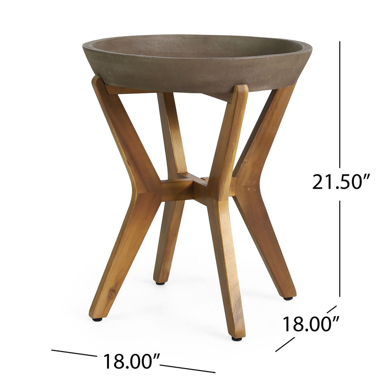Noble House Yukon contemporary side table with gray lightweight concrete top and acacia wood frame, modern living room decor.