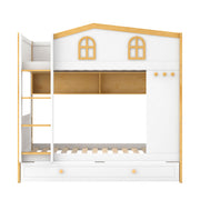 Dreamland bunk bed with house-shaped guardrails, built-in storage shelves, and a trundle for added sleeping space.