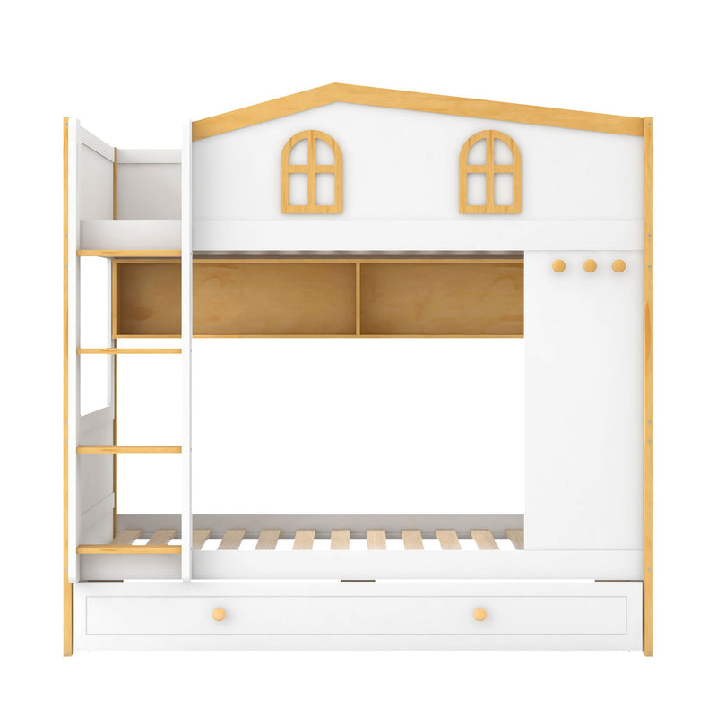Dreamland bunk bed with house-shaped guardrails, built-in storage shelves, and a trundle for added sleeping space.