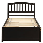 Wood platform storage bed frame by DreamHaus with two built-in drawers and a padded headboard, shown in a modern bedroom setting.