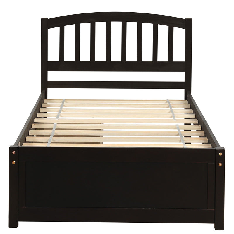 Wood platform storage bed frame by DreamHaus with two built-in drawers and a padded headboard, shown in a modern bedroom setting.